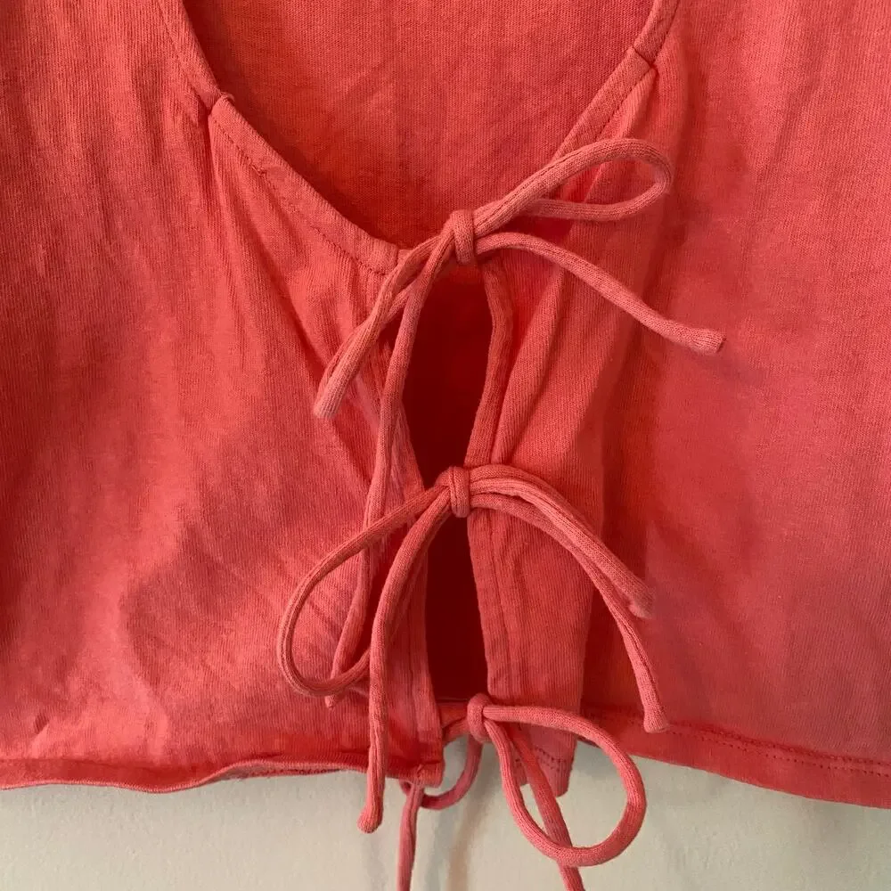 Free People Hot Pink Kitty Tee Puff Sleeve Cropped Tie Blouse Women's size XS